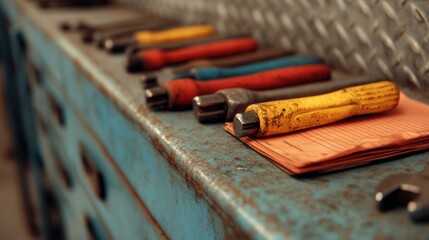 Trade policy impact, A set of colorful adjustable wrenches neatly lined up on a worn, blue metal workbench with a diamond plate backdrop.