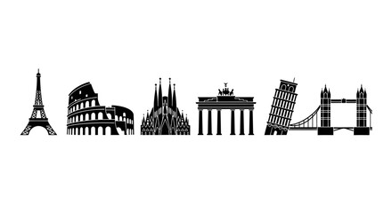 Obraz premium Famous Landmarks Silhouettes Eiffel Tower Colosseum.