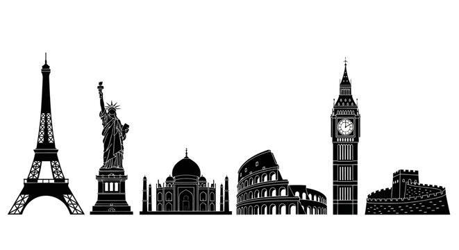 Famous Landmarks Silhouettes Eiffel Tower Statue Liberty.