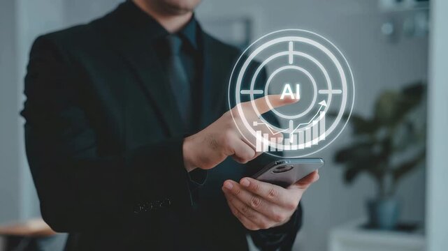 AI-Powered Progress: A modern business professional interacting with cutting-edge artificial intelligence, illustrating the seamless integration of technology in the workplace.