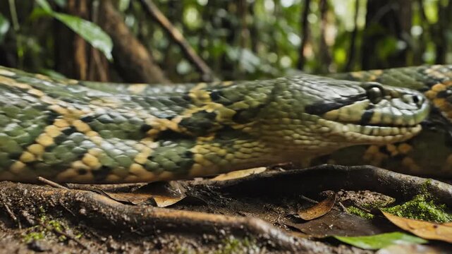 Close-up of a large green python with yellow patterns slithering on the forest floor
