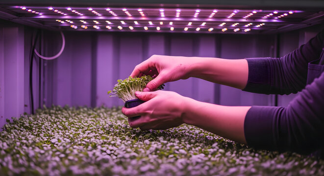 Hands Tending to Seedlings Under LED Grow Lights