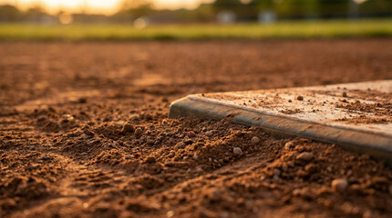 Close-up shot of a baseball base on a dirt infield at sunset, with warm golden light illuminating the textured ground.