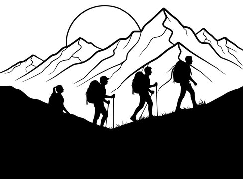ttes of people hiking on a mountain peak with mountains in the background, climber, hike, hiker, hill, illustration, mountain, mountain landscape, person, profile, walk, against transparent background