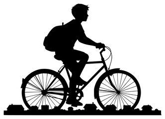 Naklejka premium A silhouette of a boy riding a bicycle with a backpack, bicycle, biker, boy, city, city view, cycle, man, profile, ride, urban, against transparent background
