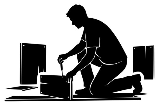 eling and using a screwdriver to install a piece of furniture, black, box, computer, floor, illustration, luggage, man, profile, screwdriver, server, squat, stool, tool, against transparent background