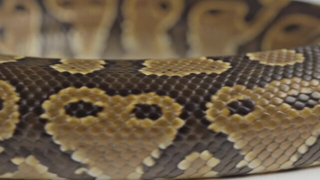 Close-up of a python snake's patterned scales, showing intricate textures and colors
