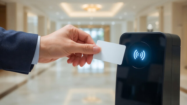 businessman using rfid key card for contactless secure entry at an office building: professional hand tapping white smartcard on electronic sensor reader for high-tech identification, privacy automate
