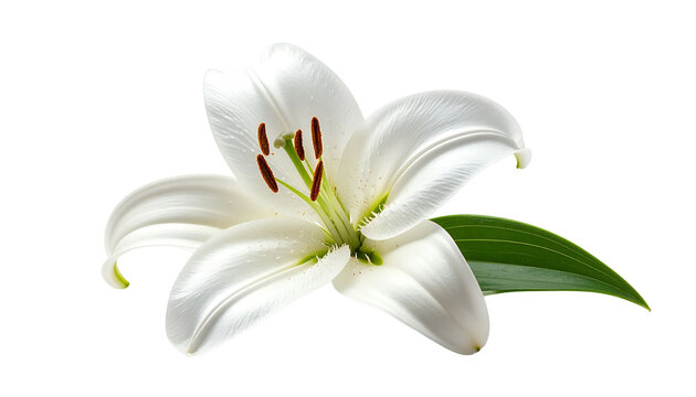Beautiful single white lily flower in full bloom with delicate petals, stamen, and a green leaf. Elegant floral object for decoration, spa, or purity concepts, isolated on a transparent background.