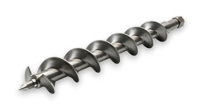 Detailed silver auger screw with a sharp pointed tip, isolated on a white background for industrial applications.