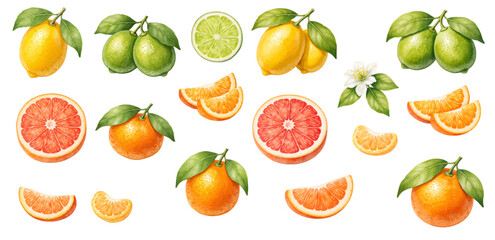 A charming watercolor collection of citrus fruit clipart, including lemons, limes, oranges, grapefruit slices, green leaves, and white blossoms.