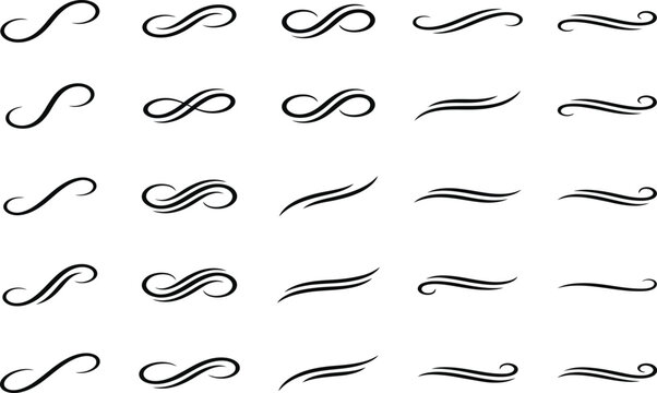 Black calligraphic swash vector collection. Includes 30 decorative flourish elements in various elegant curved and wavy styles. Created in a flat black and white style.