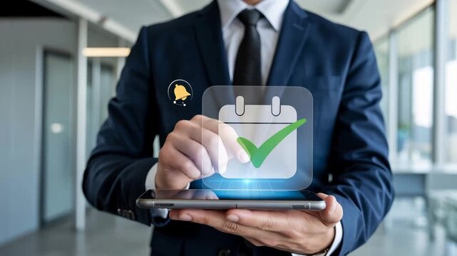 Planned schedule: A professional in a sharp suit interacts with a digital calendar, symbolizing efficient time management, appointment scheduling, and meticulous planning.