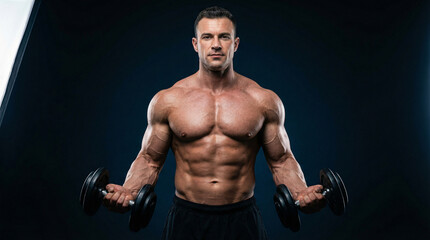 Muscular Shirtless Man Flexing Biceps with Dumbbells, Demonstrating Strength and Power on a Dark Background with Dramatic Lighting in a Fitness Studio