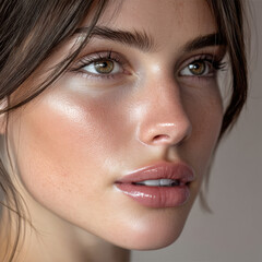 Radiant woman with oval face, soft dewy skin, natural makeup, glossy lips, brown hair, green eyes, closeup beauty portrait