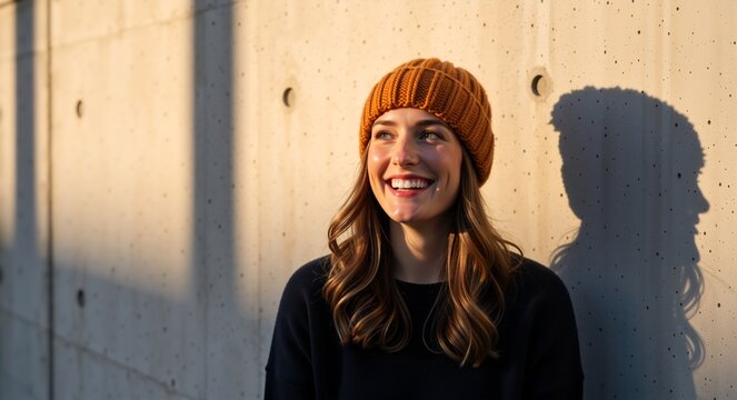 Smiling young woman wearing orange beanie hat in golden hour sunlight. Happy female portrait against concrete wall with shadow. Autumn fashion concept