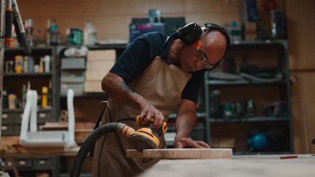 Woodworker sanding a cutting board with a power sander in his workshop