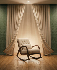 Cozy Rocking Armchair with Cushion in a Warm Room with Green Patterned Wallpaper and Soft Draped Curtains, Bathed in Golden Light