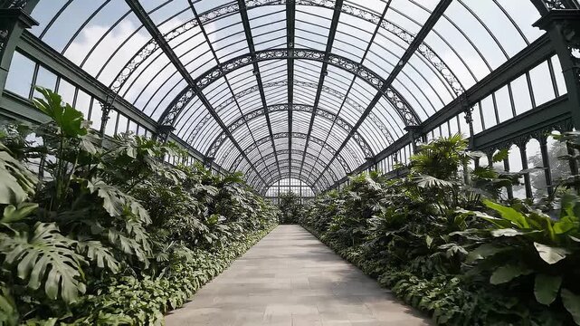Glass Conservatory Walkway Lined With Foliage, Under Arched Iron Roof And Sunlit Stone Path, Dense Monstera And Palm Beds, Tranquil Humid Atmosphere,