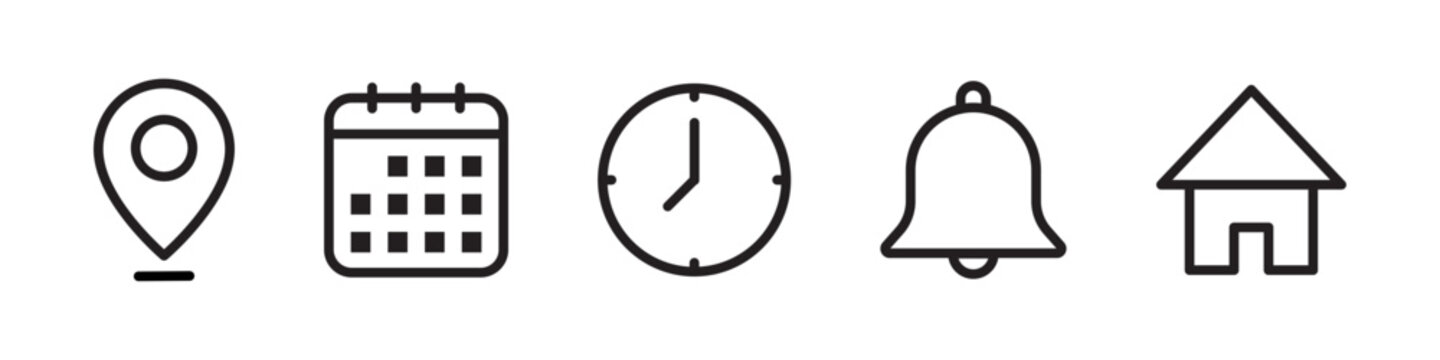Navigation and interface icons for location calendar clock bell and home