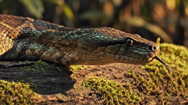 Close-up of a Python snake with intricate scales resting on a mossy log in natural sunlight