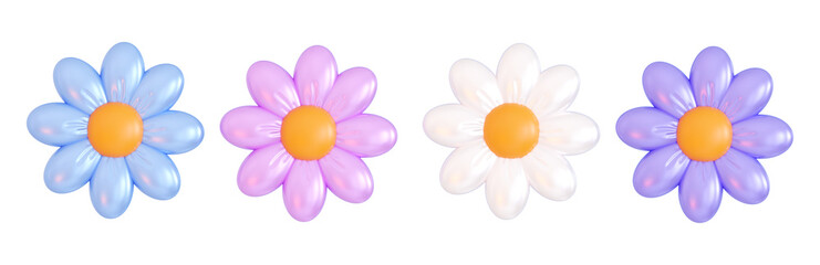 Set of 3D chamomile flower icons with glossy plastic and metallic texture, futuristic Y2K aesthetic daisy blossom in blue, pink, white and purple colors, modern spring floral element