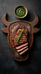 Perfectly Grilled Ribeye Steak Sliced Medium-Rare, Garnished with Rosemary and Chili, Served with Chimichurri Sauce on a Unique Bull Head Wooden Cutting Board
