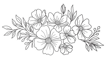 Elegant Floral Line Art Illustration - Delicate Blossoms and Leaves Arrangement