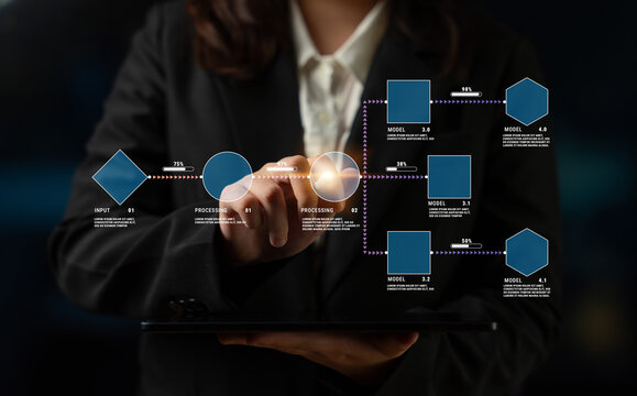 Business professional using digital interface for data processing and model selection, showing workflow and decision-making in technology environment Quark.