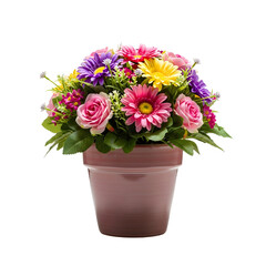 A bouquet of flowers in a brown pot isolated on transparent background