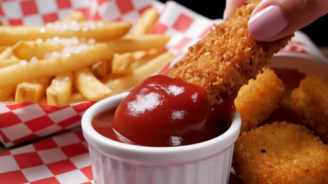Close-up of crispy chicken tender being dipped in ketchup with french fries and nuggets