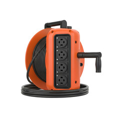 Orange and black extension cord reel with handle isolated on transparent background