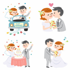 Four flat cartoon wedding scenes: newlyweds in a just married car, sweet kiss, cake celebration, and first dance with music notes. Romantic marriage moments on white background.