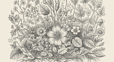 Detailed botanical illustration of wild plants, herbs, and flowers in vintage engraving style, nature-inspired hand-drawn foliage design.
