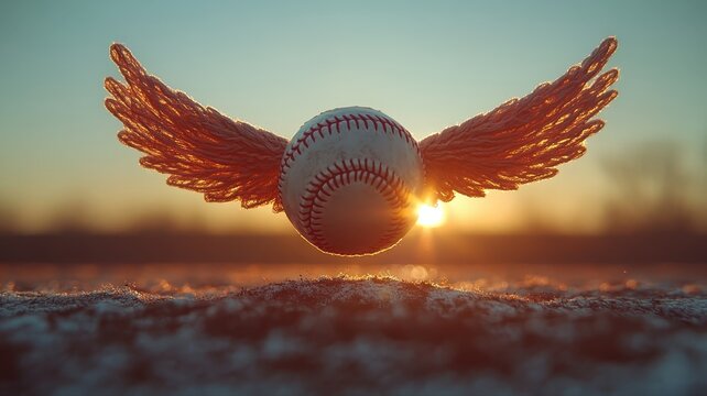 Baseball with Angel Wings Flying at Sunset.