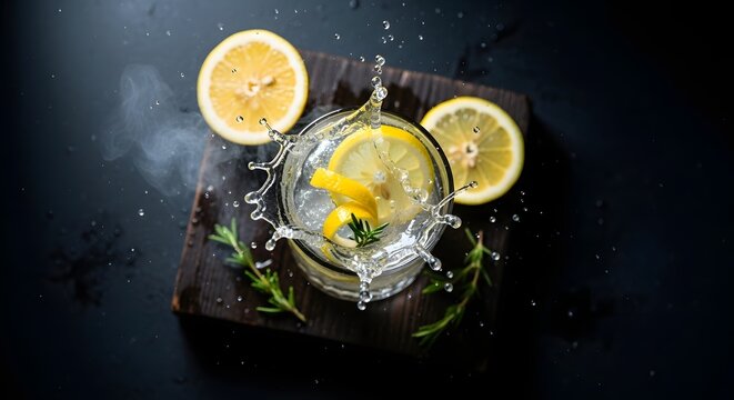 Refreshing lemon cocktail splash, citrus gin tonic with ice, cold summer drink on dark wood