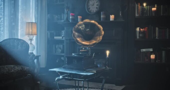 Majestic moonlight into creepy living room with fireplace, candles and old phonograph