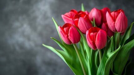 Obraz premium Pink tulips bouquet with green leaves against a textured gray background