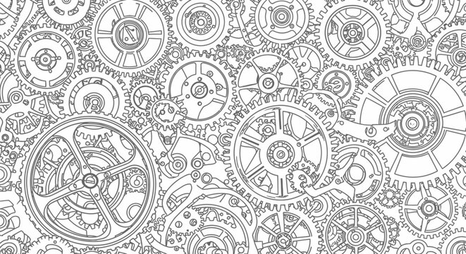 Intricate seamless pattern of interconnected gears and cogs. Detailed mechanical clockwork engineering technology background.