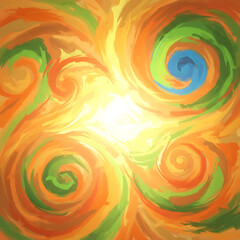 Vibrant swirling brushstrokes in orange, green, and blue hues