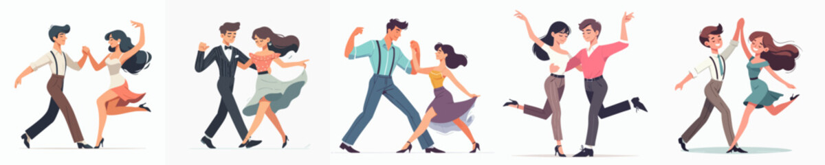 Fototapeta premium Stylish Illustration of Energetic Couple Dancing Together in Various Poses Set