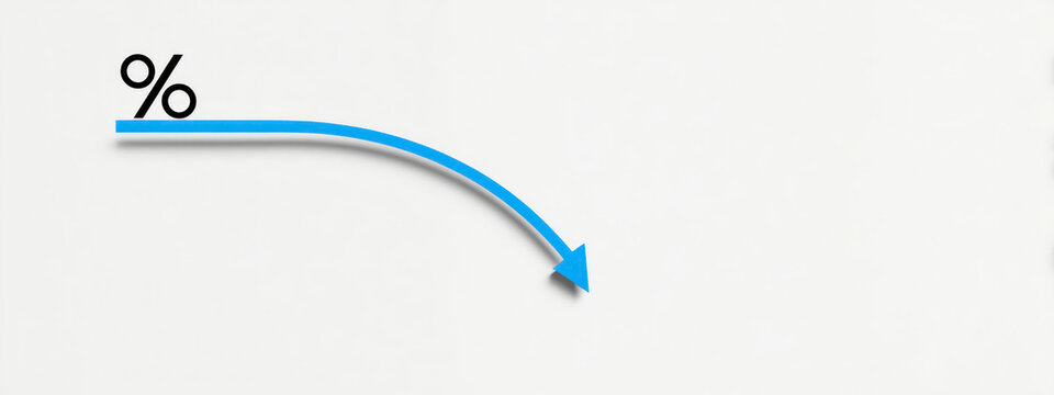 Percent symbol with downward arrow representing decrease, falling interest rate, negative financial trend and economic decline. banner 