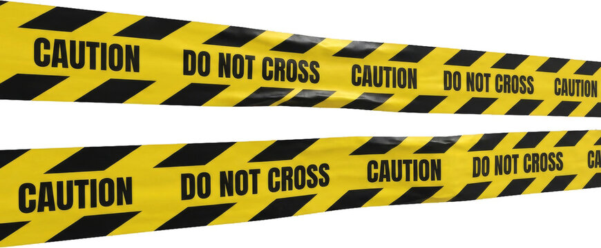 Two strips of wrinkled yellow and black striped caution tape for restricted areas. Isolated on transparent background, png Represents Hazard Warning and Construction Zone Barrier