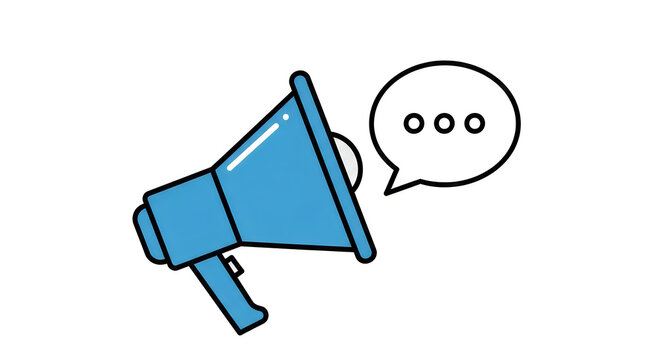 A blue cartoon megaphone with a speech bubble