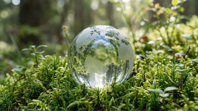 Sustainable Resource Optimization with Glass Globe Model on Moss Surface Showcasing Environmental Analytics for Global Ecology and Green Infrastructure Outcomes