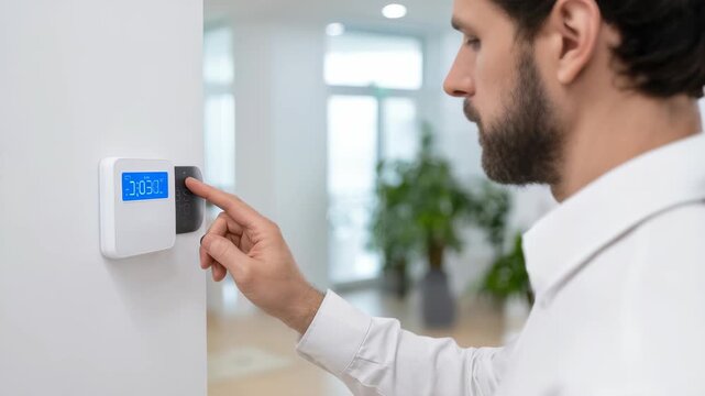 Focused adult male interacts with a digital security panel, ensuring home safety and automation. The scene highlights contemporary technology and smart living in a stylish, well lit environment