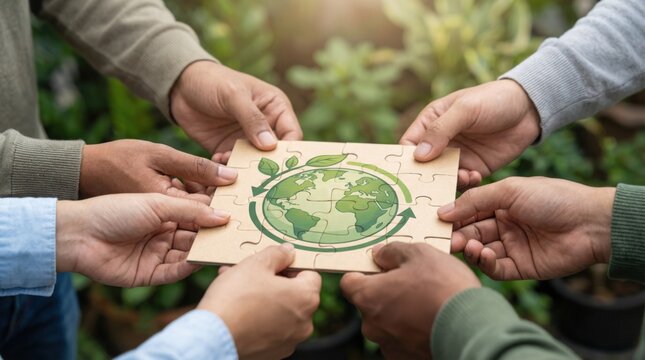 Collaborative teamwork connecting puzzle pieces with sustainability earth icon for environmental responsibility and eco-friendly solutions to promote green industry and climate action goals