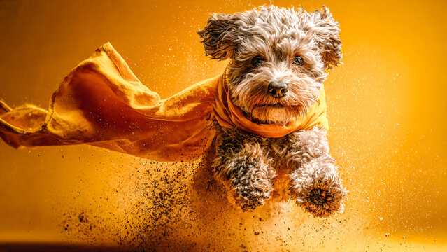 Petit chien avec une cape jaune en trin de courir