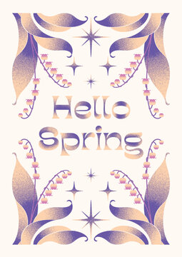 Hello Spring &ndash; Hand-Drawn Lettering Poster with Symmetrical Lily of the Valley Decorative Frame, Textured Illustration, Modern Design