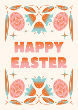 Happy Easter &ndash; Hand-Drawn Lettering Poster with Decorative Bell Flowers and Geometric Eggs, Textured Illustration, Modern Design